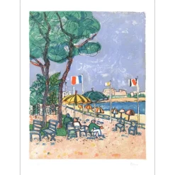 AIZPIRI Paul - Lithographie originale "Terrasse en bord de mer" 76x55cm