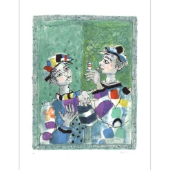 AIZPIRI Paul - Lithographie originale "Les arlequins à la pipe" 76x56cm