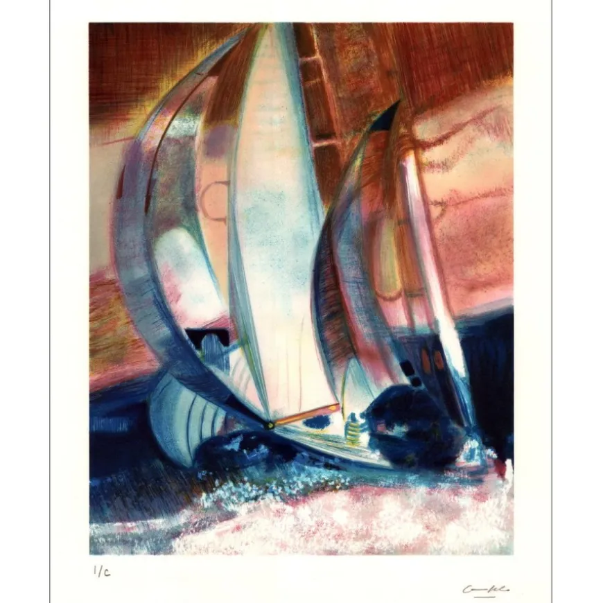 AMBILLE Paul - Lithographie originale "Petite régate" 45x37cm