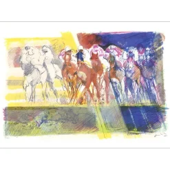 AMBILLE Paul - Lithographie originale "La course de chevaux" 45x64 cm