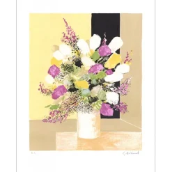 ARTAUD Gilbert - Lithographie originale "Bouquet de fleurs au fond jaune" 65x50cm