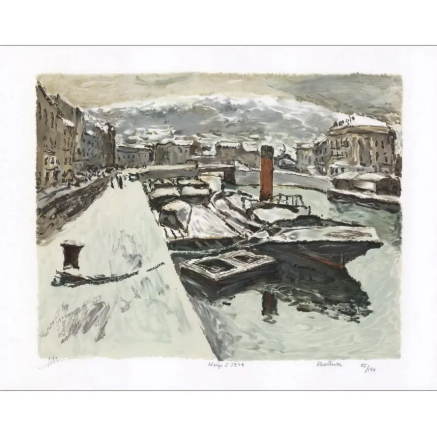 BATTISTA Éric - Lithographie originale "Neige à Sète" 48x65cm