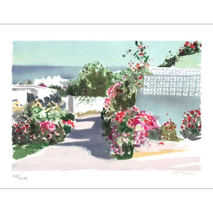 BLOUIN Georges - Lithographie originale "Allée fleurie" 37x55cm
