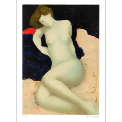 BONNEFOIT Alain - Lithographie originale "Femme nue au drap bleu"  100x70cm - 1991