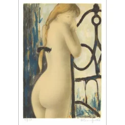 BONNEFOIT Alain - Lithographie originale "Femme nue au pied de lit"  56x38cm - 1998