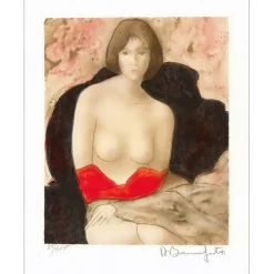 BONNEFOIT Alain - Lithographie originale "Femme nue au drap rouge"  32x25cm - 1991