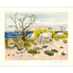BRAYER Yves - Lithographie originale "Chevaux au bord de l'étang" 50x65cm - 1973