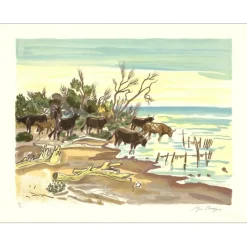 BRAYER Yves - Lithographie originale "Manade de taureaux le soir" 50x65cm - 1973