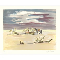 BRAYER Yves - Lithographie originale "Le repos des cavaliers sur la plage" 50x65cm - 1973