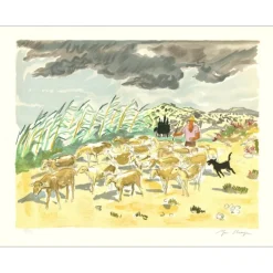 BRAYER Yves - Lithographie originale "Troupeau dans les Alpilles" 50x65cm - 1973