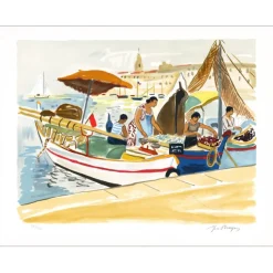 BRAYER Yves - Lithographie originale "Port de Marseille, Vente à la criée" 50x65cm