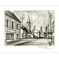 BUFFET Bernard - Gravure originale "Église des Mesnils" 56x76cm - 1975