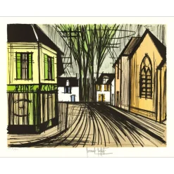 BUFFET Bernard - Lithographie originale "Village en Normandie" 58x76cm - 1990
