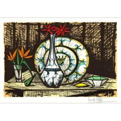 BUFFET Bernard - Lithographie originale "Nature morte aux marguerites rouges" 58x76cm - 1987