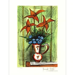 BUFFET Bernard - Lithographie originale "Bouquet de fleurs au fond vert" 64x47cm