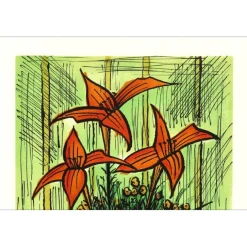 BUFFET Bernard - Lithographie originale "Bouquet de fleurs au fond vert" 64x47cm