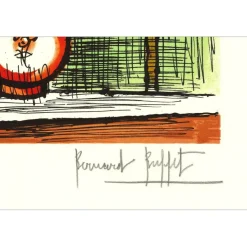 BUFFET Bernard - Lithographie originale "Bouquet de fleurs au fond vert" 64x47cm