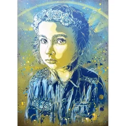 C215 - Peinture originale à l'aérosol sur métal "Chiara, Ukraine" 63x42cm - 2023
