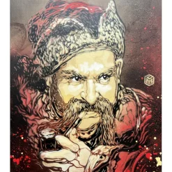 C215 - Peinture originale à l'aérosol sur bois "Cosaque zaporogue" 32x27cm - 2023