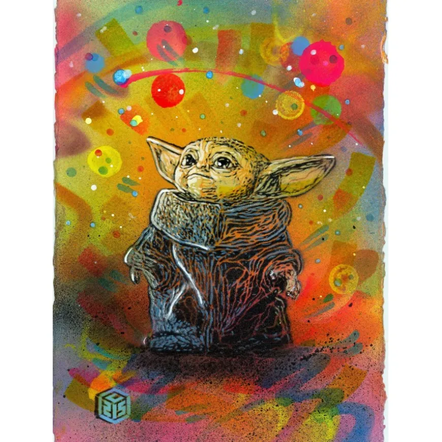 C215 - Peinture originale à l'aérosol sur papier "Yoda" 30x21cm - 2023