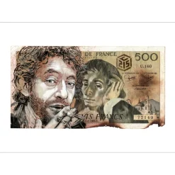 C215 - Peinture originale sur billet de 500 frs "Gainsbourg" 97x180mm