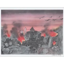 CHAPELAIN-MIDY Roger - Lithographie originale  "La ville dévastée" 54x72cm - 1982