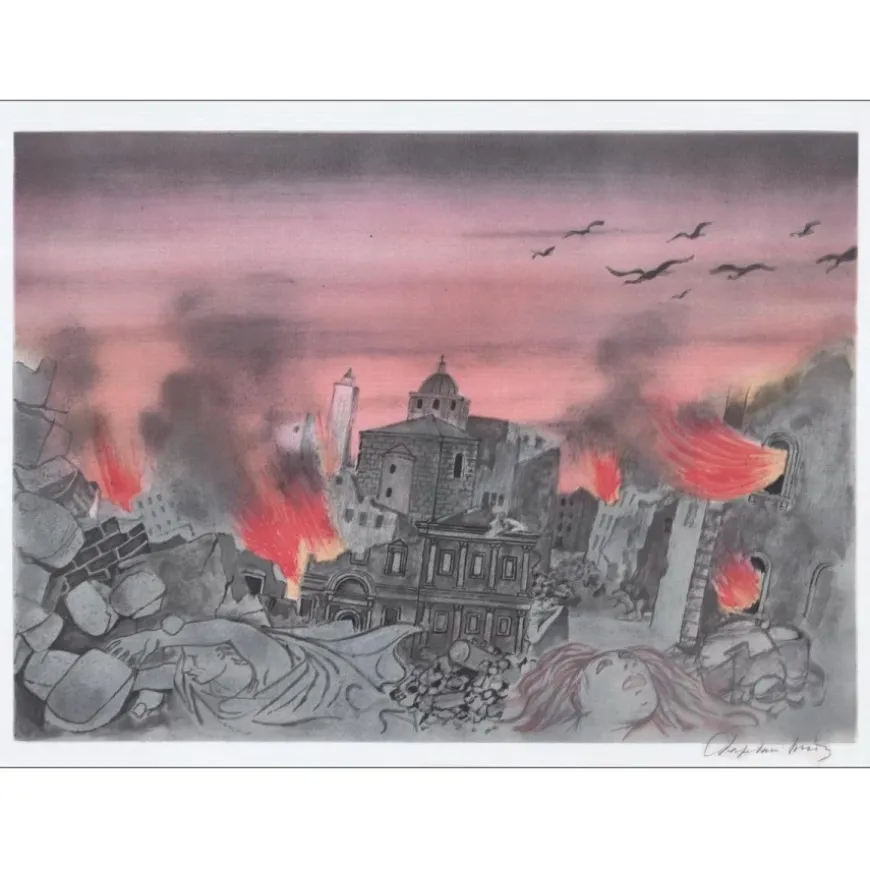 CHAPELAIN-MIDY Roger - Lithographie originale "La ville dévastée" 54x72cm - 1982