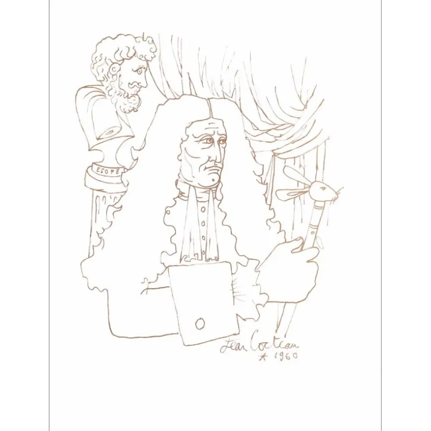 COCTEAU Jean - Lithographie (Bois gravé) "Jean de la Fontaine" 38x28cm - 1961