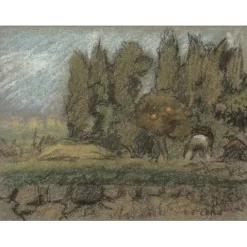 COLIN Paul-Émile - Dessin original au crayon et pastel "Travaux au verger, vers Vence" 12x16cm - 1909