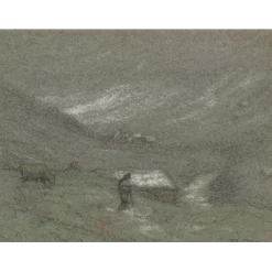 COLIN Paul-Émile - Dessin original au crayon et pastel "Berger et son troupeau" 12x16cm
