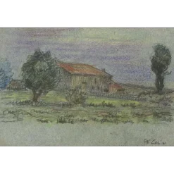 COLIN Paul-Émile - Dessin original au crayon et pastel "La ferme" 10x16cm