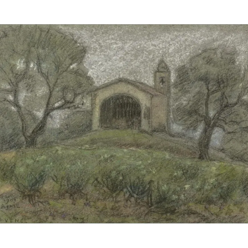COLIN Paul-Émile - Dessin original au crayon et pastel "Vence" 12x16cm - 1909