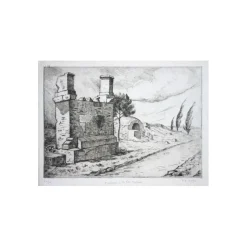 COLIN Paul-Émile - Gravure originale "Tombeaux de la voie Appienne" 21x29cm