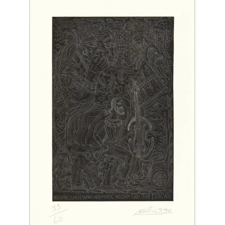 COMBAS Robert - Gravure originale "Le type au violoncelle" 63x45m - 1992