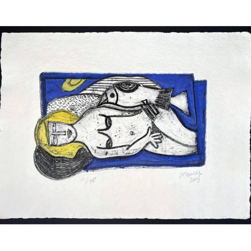CORNEILLE Guillaume - Aquagravure originale "Femme allongée avec oiseau" 46x62cm - 2003