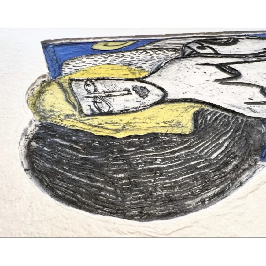 CORNEILLE Guillaume - Aquagravure originale "Femme allongée avec oiseau" 46x62cm - 2003