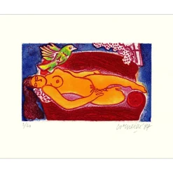 CORNEILLE Guillaume - Gravure originale "Femme allongée et oiseau" 40x51cm - 1987