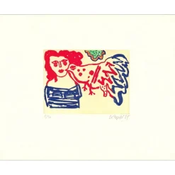 CORNEILLE Guillaume - Gravure originale "Femme et oiseau" 40x51cm - 1987