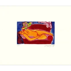 CORNEILLE Guillaume - Gravure originale "Femme allongée et oiseau" 40x51cm - 1987