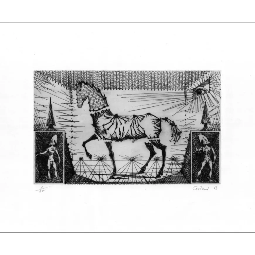 COUTAUD Lucien - Gravure originale "Le cheval de briques" 34x44cm - 1959