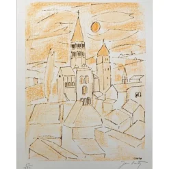 COUTY Jean - Lithographie "L'église" 32x25cm - 1971