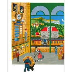 DELIEGE William - Lithographie originale "Gare animée" 48x65cm