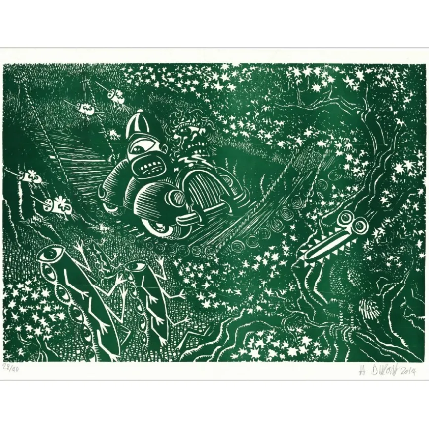 DI ROSA Hervé - Bois gravé "En traversant le pont, Vert" 56x76cm - 2014