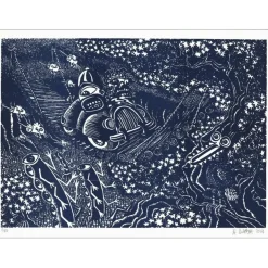DI ROSA Hervé - Bois gravé  "En traversant le pont, Bleu" 56x76cm - 2014