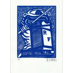 DI ROSA Hervé - Bois gravé "Le Jouteur à Sète, Bleu" 29x21cm - 2022