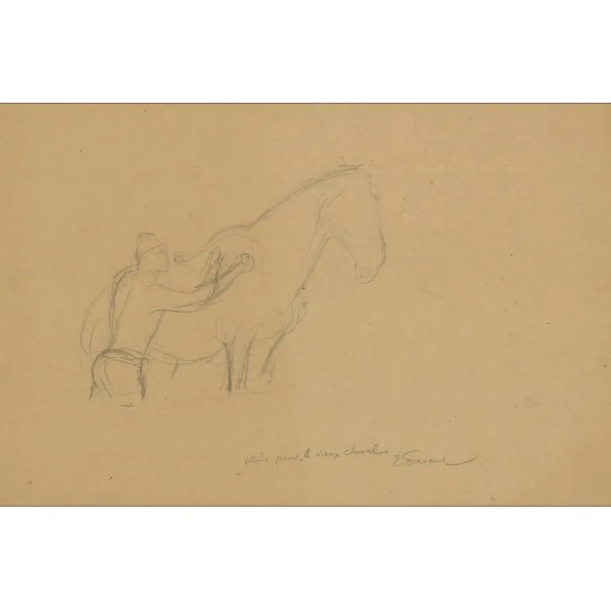 FRIANT Emile - Dessin original au crayon "Etude pour le vieux cheval" 30x45cm - 1902