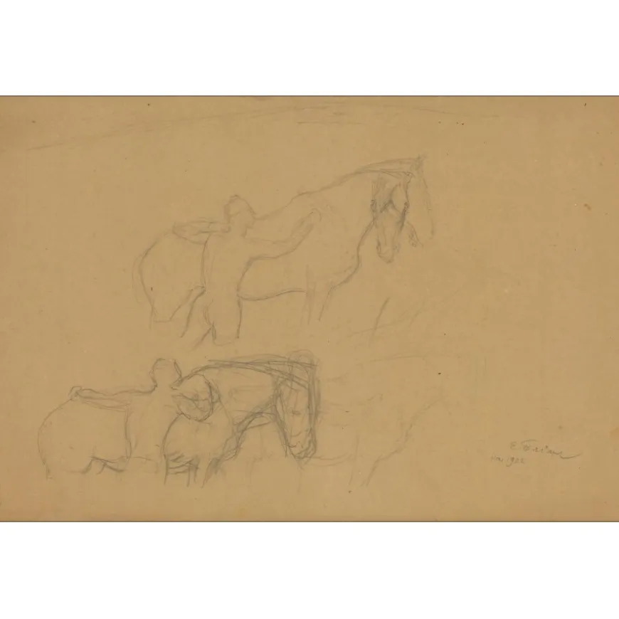 FRIANT Emile - Dessin original au crayon "Etude pour le vieux cheval" 30x45cm - 1902