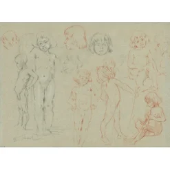 FRIANT Emile - Dessin original au crayon, sanguine, craie "Etudes d'enfants" 33x47cm