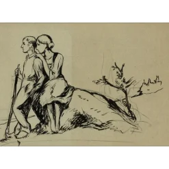 FRIANT Emile - Dessin original au crayon, sanguine, craie "Etudes d'enfants" 33x47cm