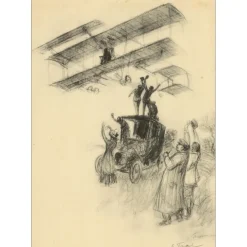 FRIANT Emile - Lithographie "Aéroplane à Jarville-la-Malgrange" 38x27cm - 1909